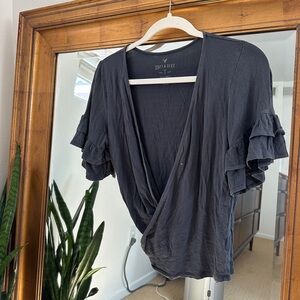 American Eagle Soft & Sexy Grey Ruffle Sleeve Wrap Top